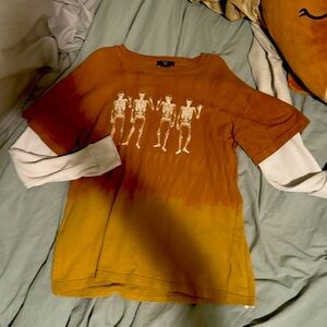 Brown, long sleeve T-shirt with skeletons